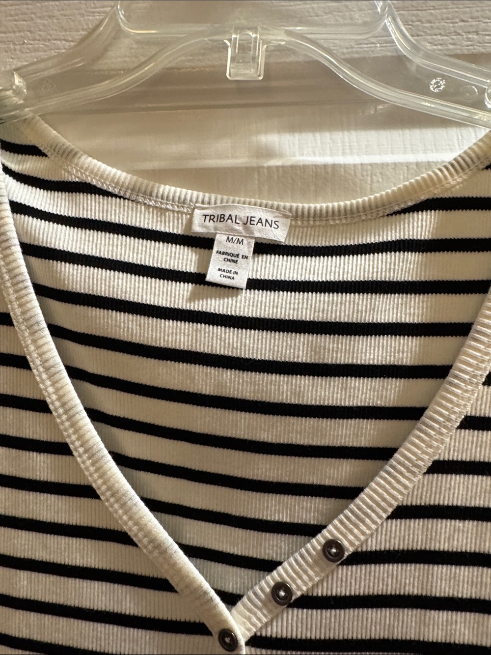 Tribal Jeans Women's Black & White Striped V-Neck ribbed tank